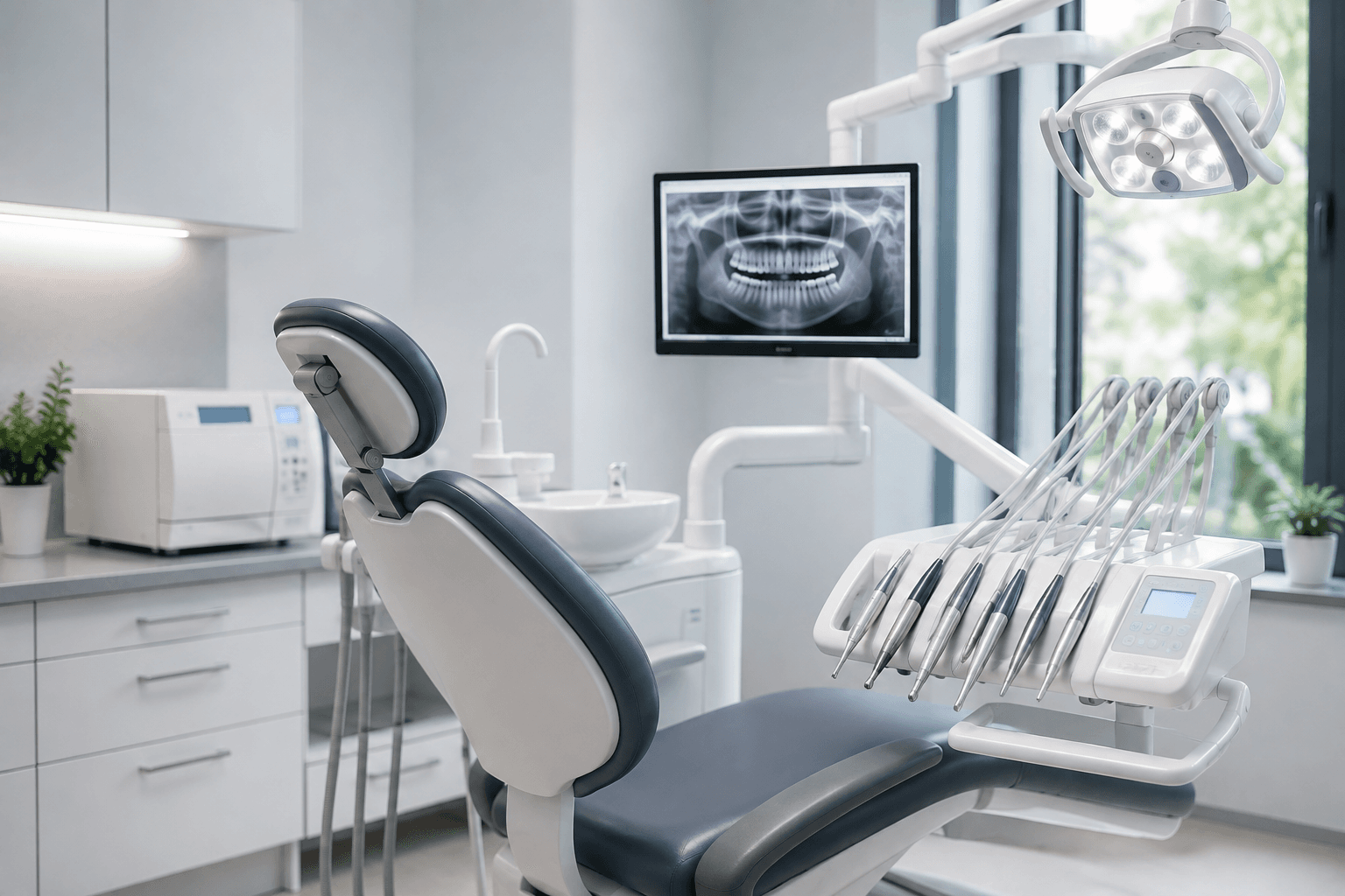 Équipement dentaire moderne, unité de soin et écran de radiographie